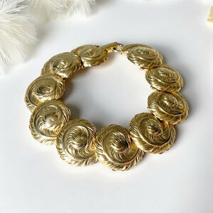 Vintage Goldtone Domed Feather Plume Fern Runway Statement Link Bracelet.